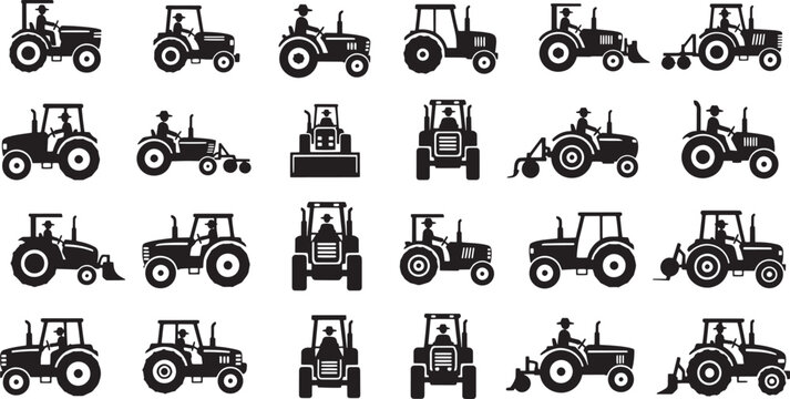A comprehensive collection of diverse agricultural tractor silhouettes, showcasing various models and perspectives essential for farming and heavy-duty field work across different terrains