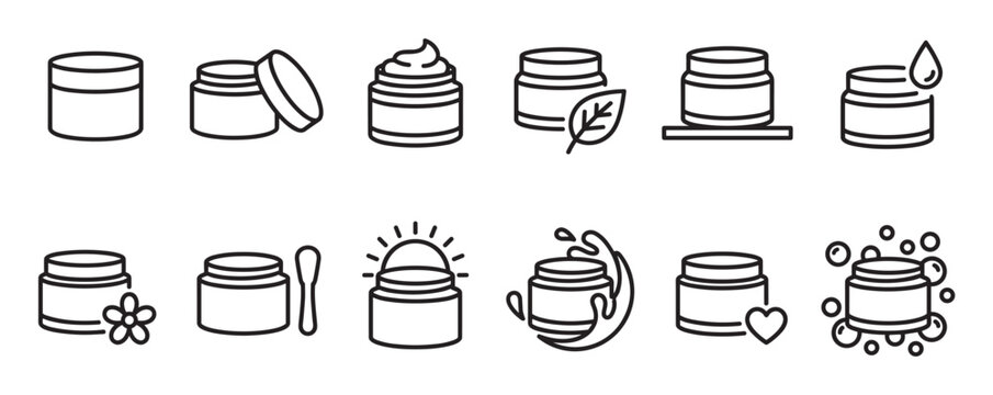 Collection of cosmetic cream jars and skincare product line icons, featuring various elements like leaves, flowers, and water splashes