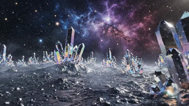 Crystal formations in a vibrant galaxy landscape