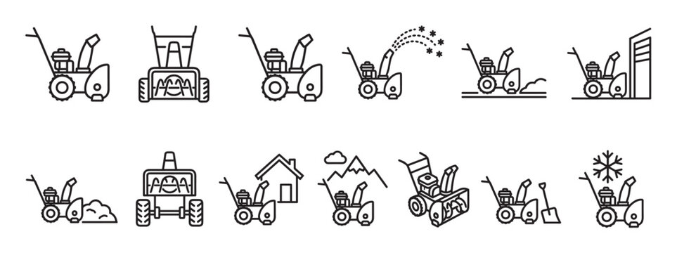 Collection of simple line art icons depicting various snow blowers and their uses in different winter scenarios