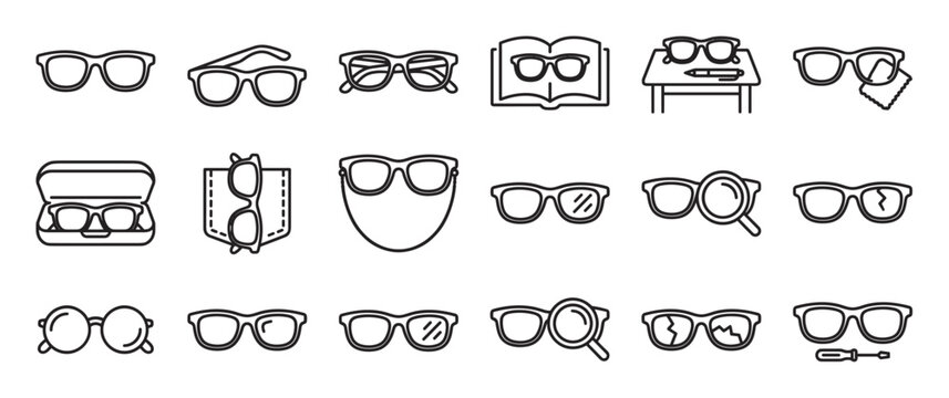 Various black outline eyeglasses icons are neatly arranged in rows, showcasing different styles and situations in a clean, graphic illustration