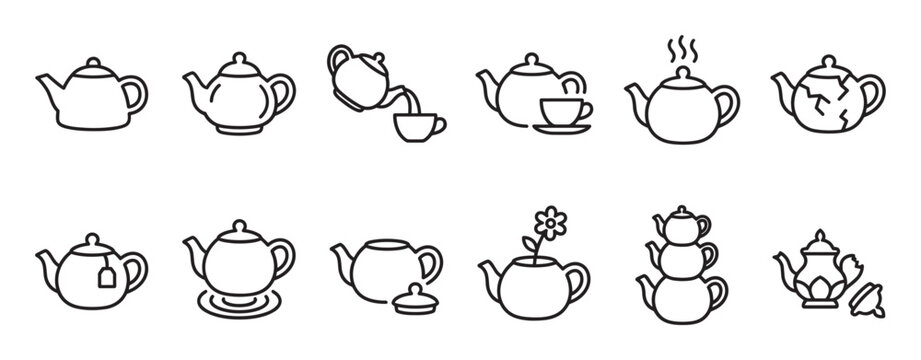 Collection of various black outline teapot icons illustrating different tea-related actions and states in a simple, graphic style