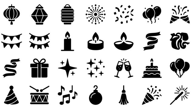 Festival and party icon set black solid celebration symbols including lantern diya candle fireworks gift cake music drum champagne and balloons for UI design