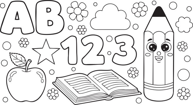 Back to school coloring page with letters numbers and school supplies
