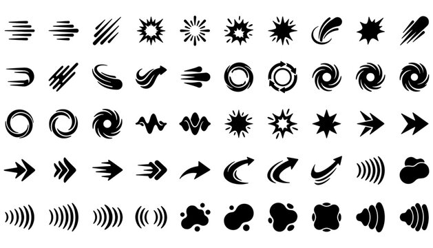 Motion and energy effects icon set black solid speed lines arrows waves vortex and dynamic symbols for UI animation game design and visual effects