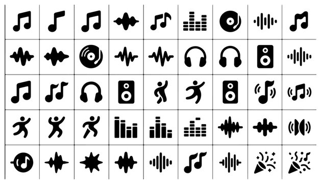 Music UI icon mega set black solid audio sound elements including waveform equalizer headphones speaker notes dancing and media symbols for app design