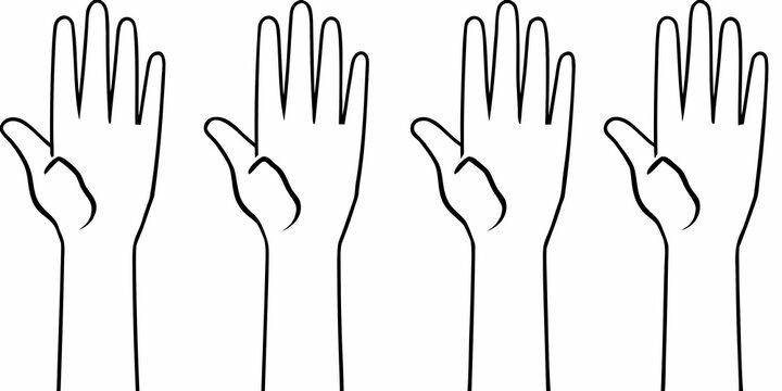 Four hands raised with different numbers of fingers extended