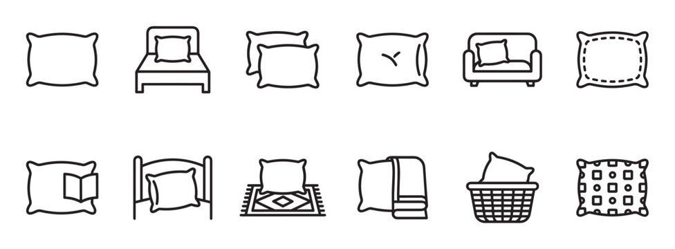 Collection of various pillow and bedding line icons, including a bed, sofa, laundry basket, and decorative pillows, presented in a clean, minimalist style