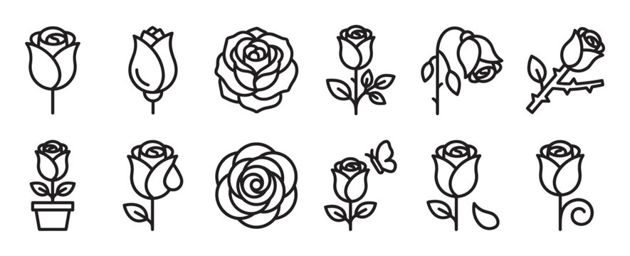 Collection of various simple black outline rose icons depicting buds, full blooms, and withered flowers in different styles