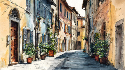Obraz premium Narrow cobblestone street with potted plants and rustic buildings in a quaint old town on a sunny day