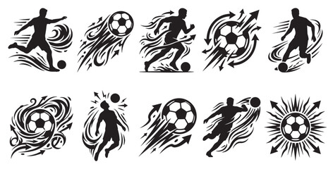 Fototapeta premium Dynamic collection of black silhouette illustrations depicting soccer players in various action poses, showcasing ball movement and energy with tribal and arrow graphic elements.