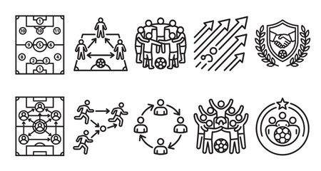 Obraz premium A collection of minimalist black and white line icons representing soccer strategy, teamwork, success, and gameplay concepts on a clean white background.