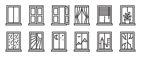 Naklejka premium Collection of various window line icons showing different states, weather, and views in a modern, clean style