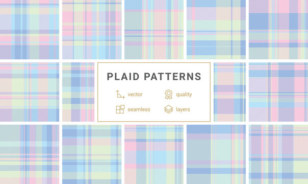 Pastel plaid pattern in soft pink, blue, and yellow. This seamless tartan design offers a gentle, preppy aesthetic perfect for spring fashion, nursery textiles, or chic digital backgrounds.