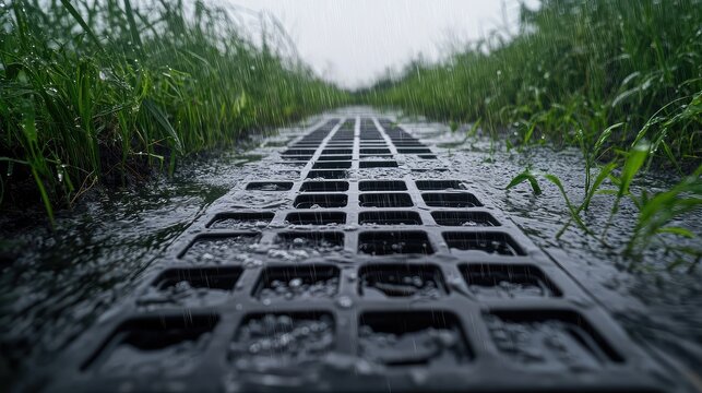 Rainwater swiftly flows across a metal grate, channeling excess water away from the surrounding vibrant green grass during a heavy downpour, symbolizing drainage and environmental management
