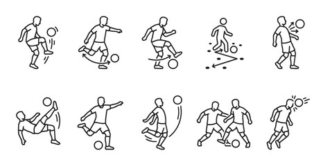 Obraz premium A collection of simple line art icons depicting various soccer player actions like kicking, juggling, heading, and tackling, suitable for sports graphics.