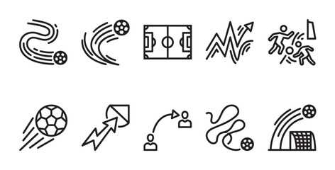 Obraz premium A collection of minimalist black and white line art icons representing various aspects of soccer, including balls, players, and a field, suitable for sports graphics and design.