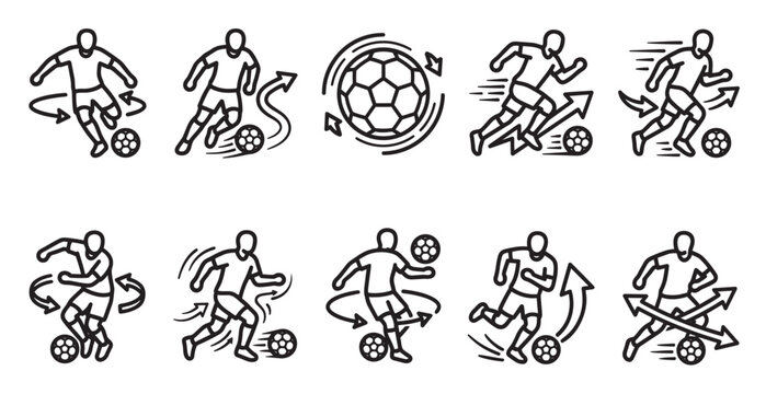 A collection of ten line art icons depicting a soccer player in various dynamic poses with a ball, illustrating movement and action.