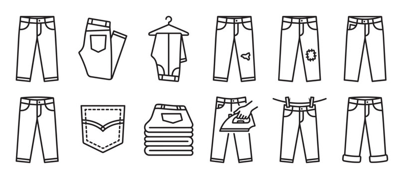 Various black outline jeans icons illustrate different styles, conditions, and activities related to denim trousers, presented in a clean, minimalist vector art style