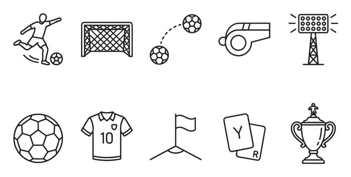 A clean graphic set of line art icons representing various elements of soccer, including a player, goal, balls, whistle, stadium light, jersey, corner flag, cards, and trophy.
