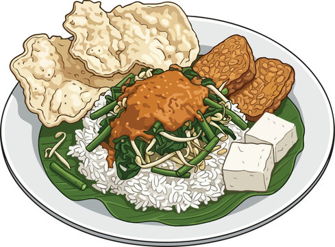 Vector nasi pecal with rice fresh vegetables and peanut sauce colorful traditional dish art