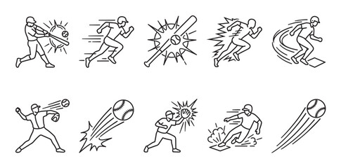 Obraz premium A collection of ten black and white line art icons depicting various baseball actions like hitting, running, pitching, and catching in a dynamic style.