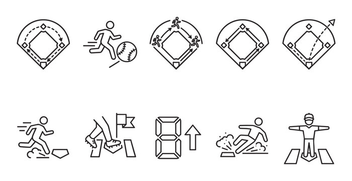 A set of line art icons illustrates various baseball actions on a diamond, including running bases, fielding, and player positions.