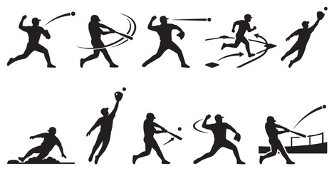 Fototapeta premium Collection of black silhouettes depicting various baseball actions like pitching, batting, running, and catching, ideal for sports graphics and design.
