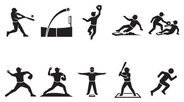 A collection of black and white silhouette icons depicting various baseball game actions and player positions, perfect for sports graphics.