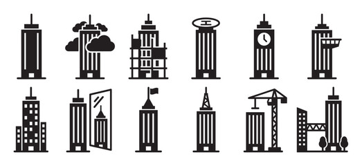 Fototapeta premium Collection of twelve diverse black skyscraper icons representing various architectural styles and urban structures, presented in a clean, graphic vector format
