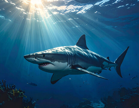 A shark swims through deep ocean waters with dramatic lighting and dark blue tones.