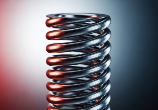 Close up image of a highly compressed metal coil spring ready to release its stored mechanical potential energy and tension, macro, steel, stability