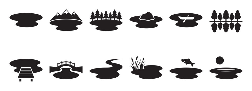 Various black silhouette nature and water elements including mountains, trees, boat, fish, and a bridge, presented in a clean, graphic style