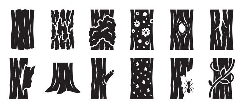 Various black silhouette tree bark textures and elements, including cracks, knots, sap, and a climbing vine, presented in a graphic style