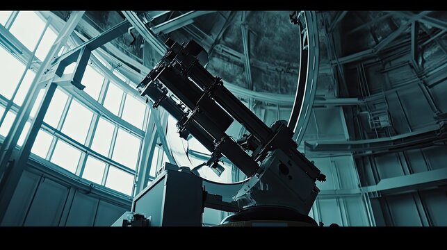 Powerful optical telescope stands inside an advanced scientific observatory dome, allowing researchers to explore the universe and conducting star gazing