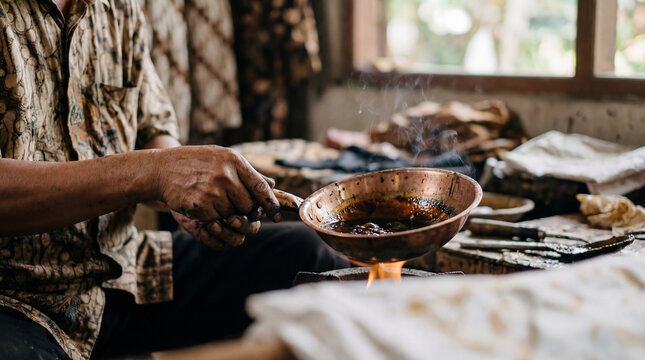 Artisan carefully melting wax in a copper pan to create traditional batik fabric.