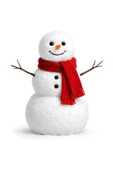 Fototapeta premium A snowman made of snow stands with a red scarf wrapped around its neck. It has black buttons for eyes and a carrot for a nose. The snowman also has twig arms raised in the air