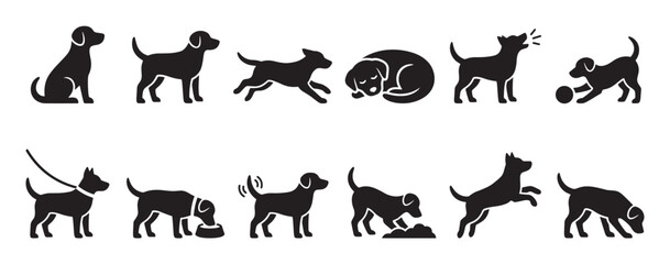 Obraz premium Collection of various black dog silhouette icons depicting different actions and poses in a clean, graphic style
