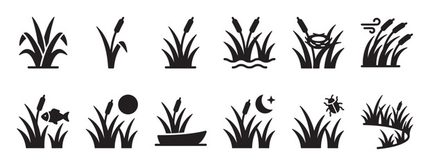 Naklejka premium Black silhouette cattail and reed grass icons set, depicting various natural scenes and elements in a simple, graphic style