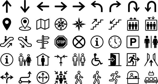 Wayfinding Icon Set. Wayfinding signs. Line icon set of Wayfinding signs: directional arrow, map pin, building entrance, floor directory, stairs sign, elevator