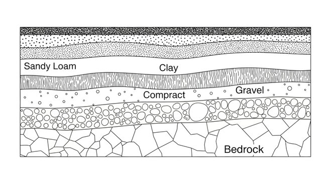 Soil Layers Cross-Section: Bedrock, Gravel, Clay, Sandy Loam, Topsoil