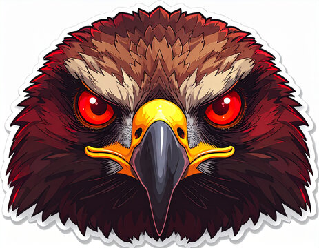 A sticker of an eagle's head with red glowing eyes in an aggressive pose.