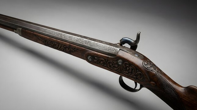 Intricately engraved antique muzzle-loading rifle showcasing historical craftsmanship and ornate detail