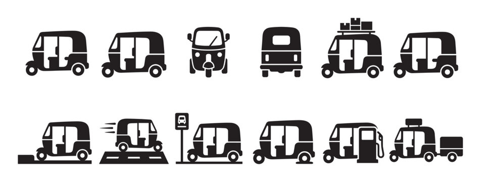 Collection of black silhouette auto rickshaw icons in various poses and configurations, depicted in a clean, graphic style