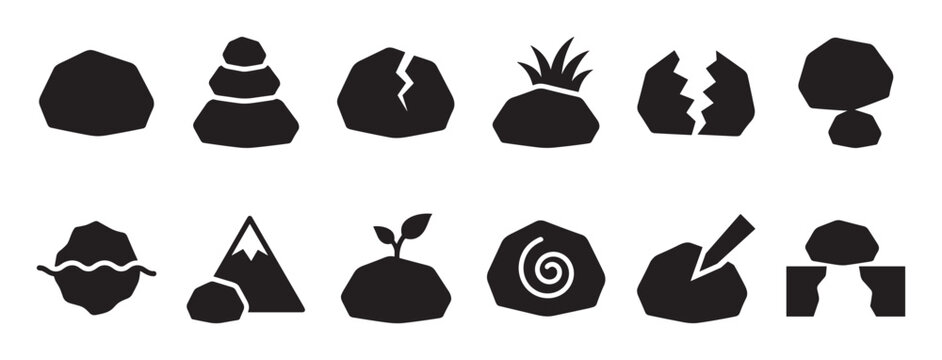 Various black rock and stone icons are arranged in two rows, showcasing different shapes and natural elements in a simple graphic style
