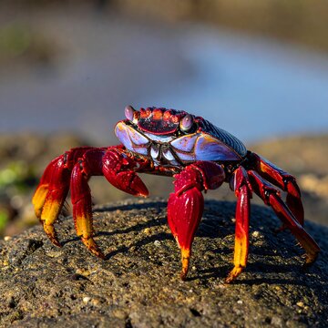 Vivid crab with red claws and blue shell on a coastal rock, sunny view