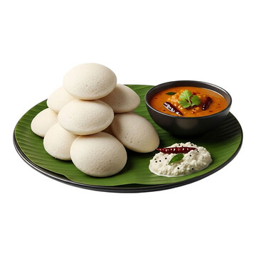 A plate of idlis with sambar and coconut chutney