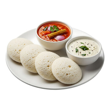 A plate of idlis with sambar and coconut chutney