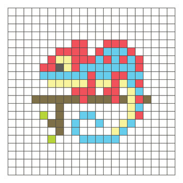A flat pixel design made of geometric square color blocks on a clean grid layout. Pixel art chameleon