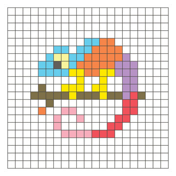 A flat pixel design made of geometric square color blocks on a clean grid layout. Pixel art chameleon